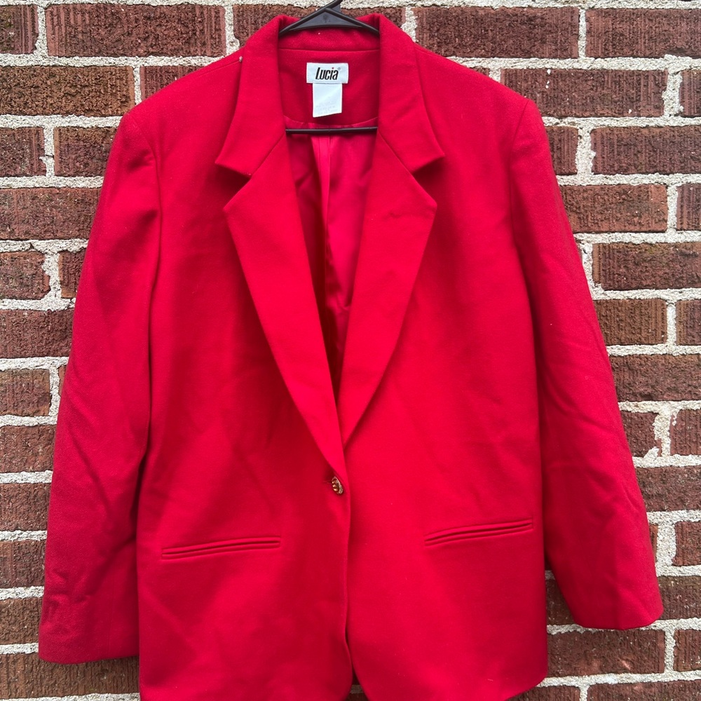 Vintage Lucia Red Statement Blazer Jacket Lambs Wool With Gold Buttons Size 16